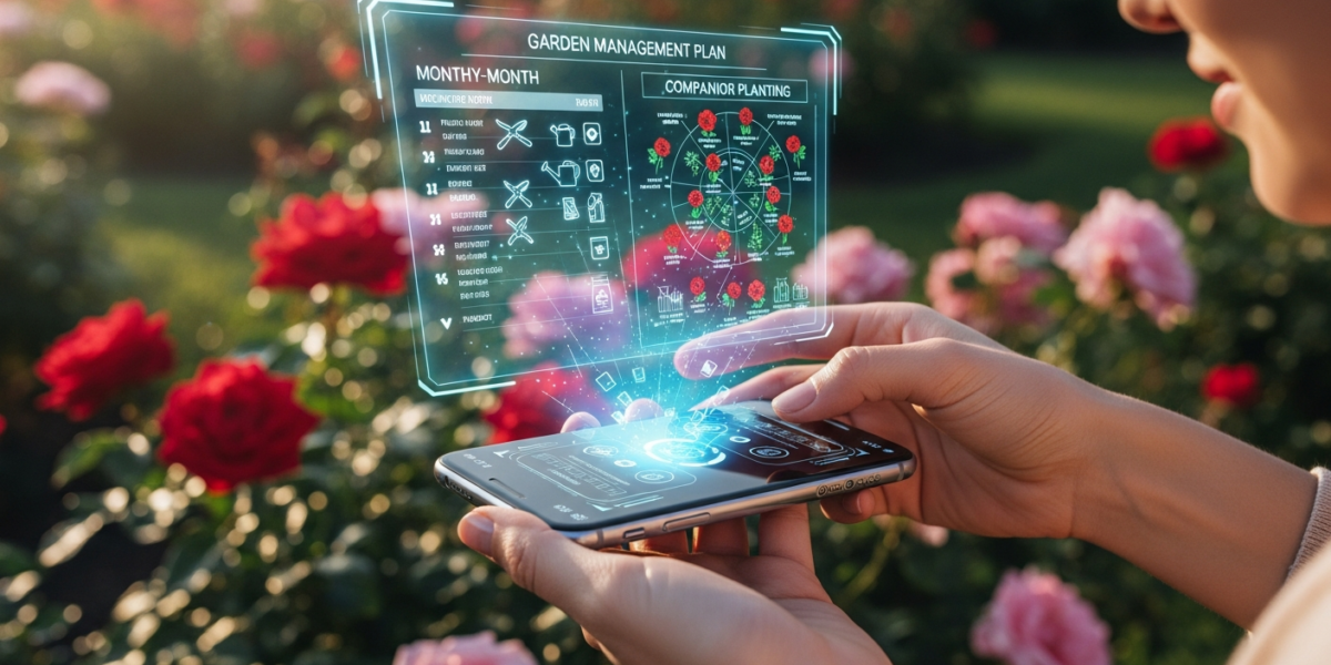 A person interacting with a holographic garden plan projected from a smartphone, showing detailed gardening tasks and plant layouts in a lush home garden.