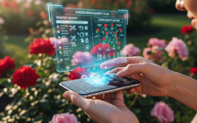 A person interacting with a holographic garden plan projected from a smartphone, showing detailed gardening tasks and plant layouts in a lush home garden.