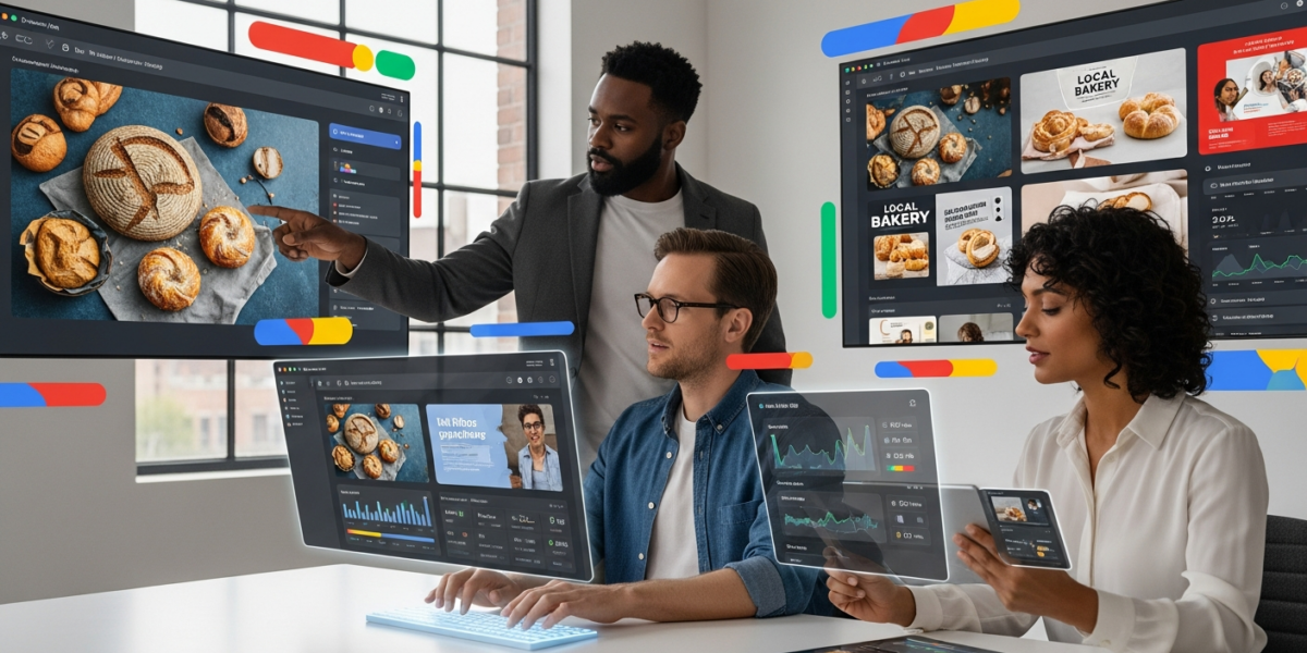 Three creative directors collaborate in a modern studio, using AI interfaces on large screens to develop ad campaigns for small businesses, highlighted by Google's brand colors.