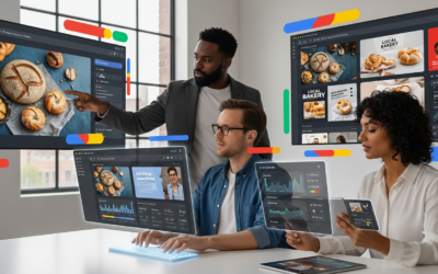 Three creative directors collaborate in a modern studio, using AI interfaces on large screens to develop ad campaigns for small businesses, highlighted by Google's brand colors.