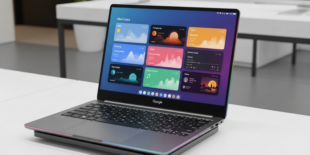 A futuristic Googlebooks laptop showcasing colorful, AI-generated 'vibe-coded' Android widgets on its screen in a modern tech showroom.