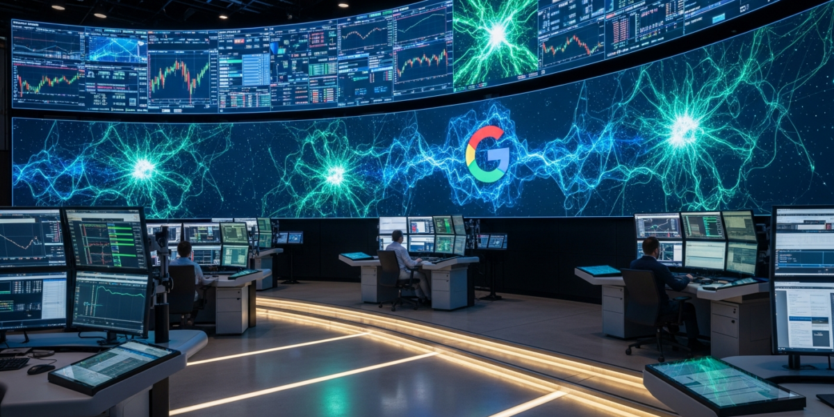 A futuristic trading floor with screens displaying AI-powered financial charts and data, representing Google Finance's expansion into Europe.