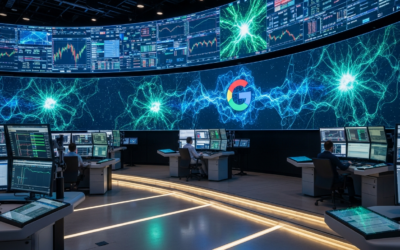 A futuristic trading floor with screens displaying AI-powered financial charts and data, representing Google Finance's expansion into Europe.