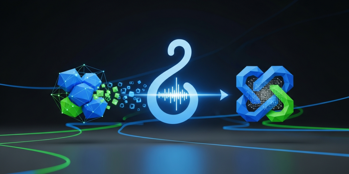 A glowing blue webhook icon connecting two abstract data processing nodes against a dark, futuristic digital backdrop, symbolizing efficient event-driven communication for AI.