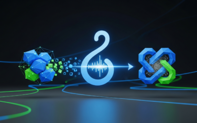 A glowing blue webhook icon connecting two abstract data processing nodes against a dark, futuristic digital backdrop, symbolizing efficient event-driven communication for AI.