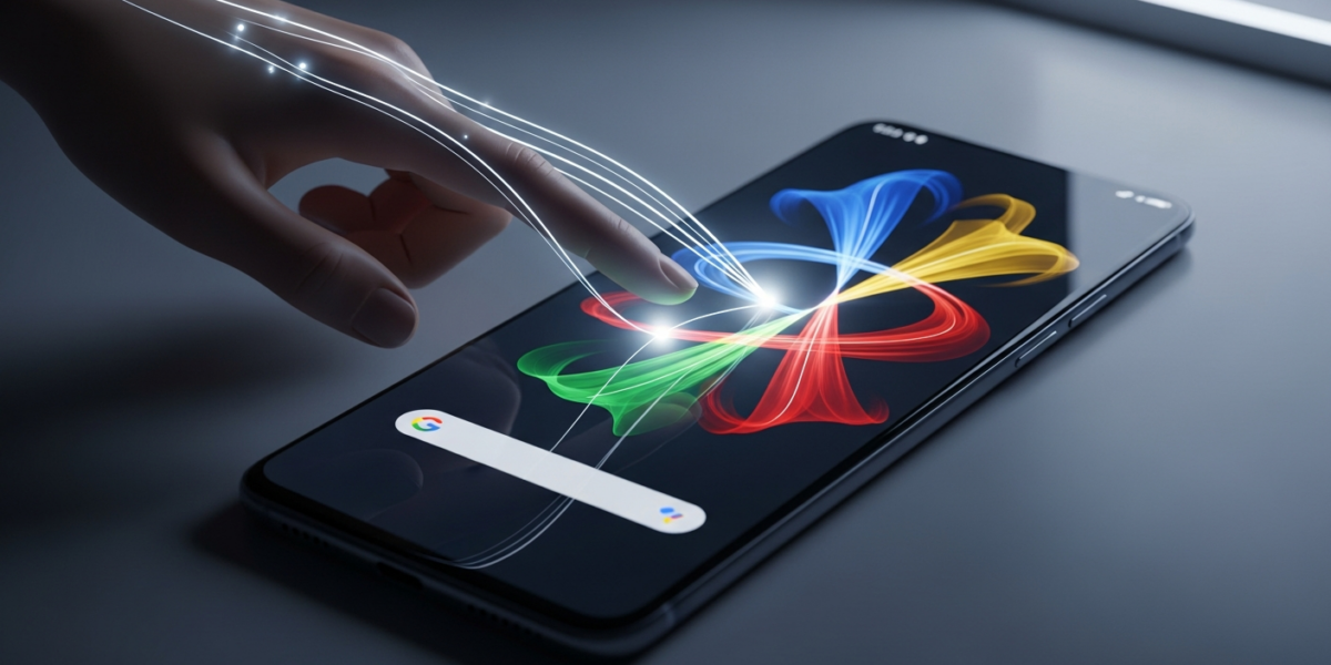 A stylized hand interacting with an Android phone screen displaying AI interfaces, symbolizing Google's Gemini Intelligence.