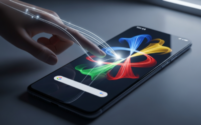 A stylized hand interacting with an Android phone screen displaying AI interfaces, symbolizing Google's Gemini Intelligence.