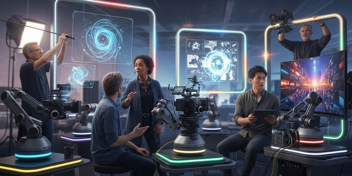 A futuristic film set with filmmakers interacting with AI-powered cameras and holographic screens, conveying an optimistic and innovative vision.
