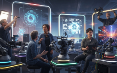 A futuristic film set with filmmakers interacting with AI-powered cameras and holographic screens, conveying an optimistic and innovative vision.