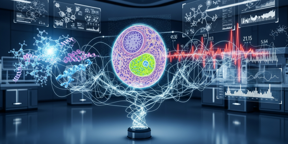 An abstract, high-tech visualization showing glowing neural pathways connecting molecular structures, tissue histology patterns, and clinical data, representing the integration of multi-modal biomedical information.