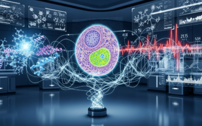 An abstract, high-tech visualization showing glowing neural pathways connecting molecular structures, tissue histology patterns, and clinical data, representing the integration of multi-modal biomedical information.