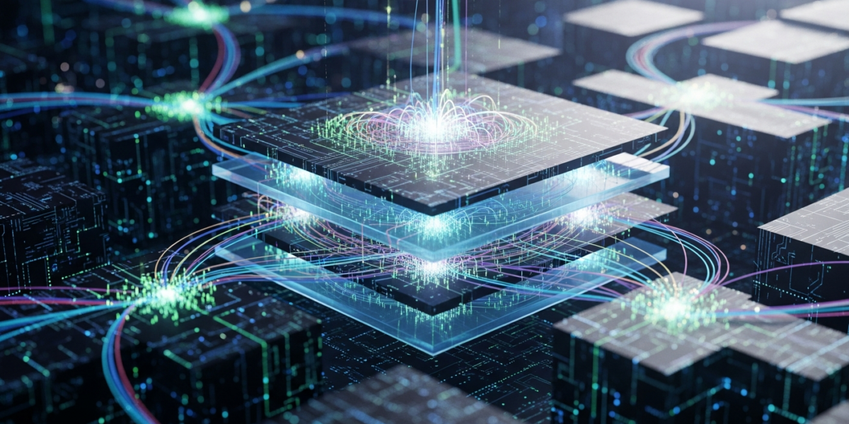 An abstract, photorealistic image depicting distributed activation patterns within a neural network, illustrating the distributed template hypothesis for in-context learning.