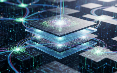 An abstract, photorealistic image depicting distributed activation patterns within a neural network, illustrating the distributed template hypothesis for in-context learning.