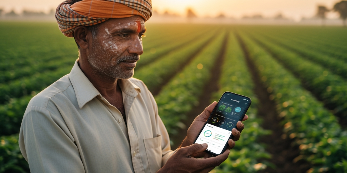 An Indian farmer uses a smartphone to access the Kisan AI profit-aware crop advisory system in a sunlit field.