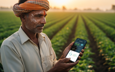 An Indian farmer uses a smartphone to access the Kisan AI profit-aware crop advisory system in a sunlit field.