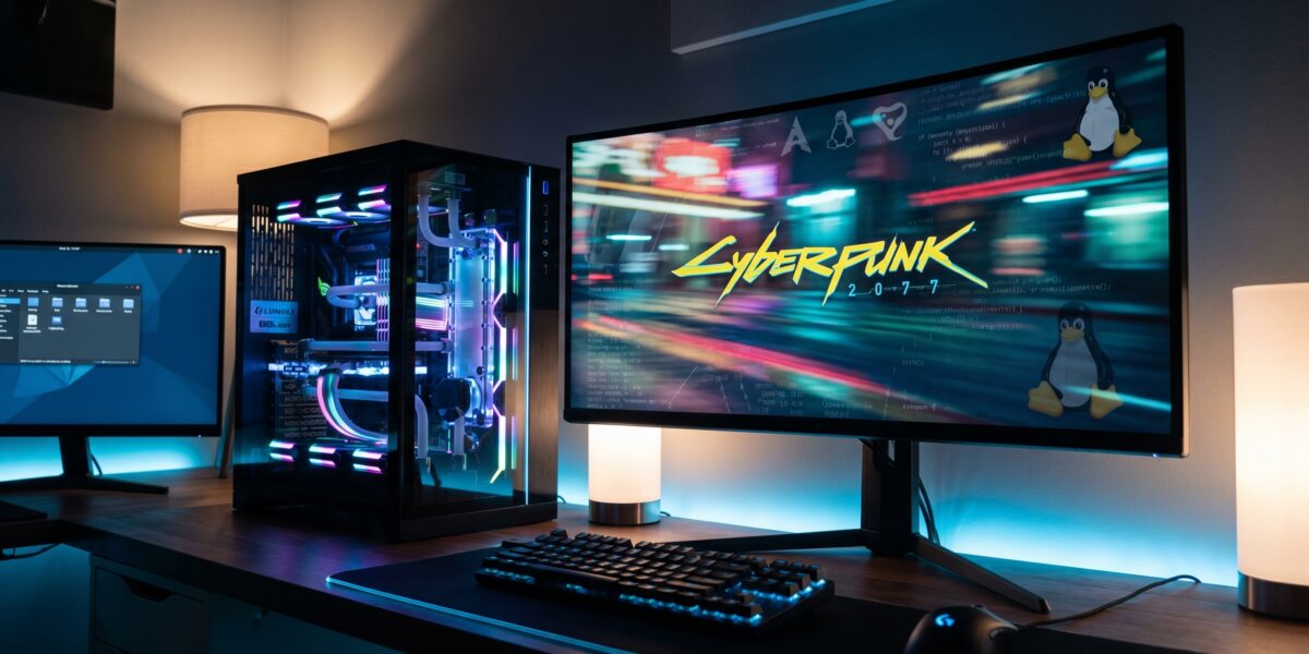 Linux gaming setup demonstrating high performance with kernel-level Windows API integration