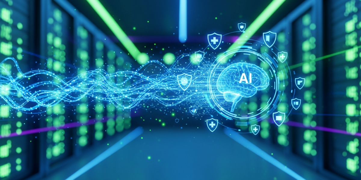 Abstract image showing medical data flowing into an AI brain, protected by digital shields, set in a futuristic data center.