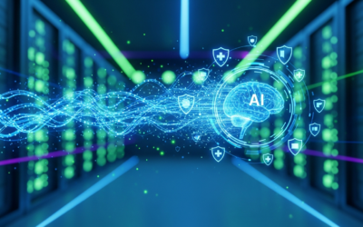 Abstract image showing medical data flowing into an AI brain, protected by digital shields, set in a futuristic data center.
