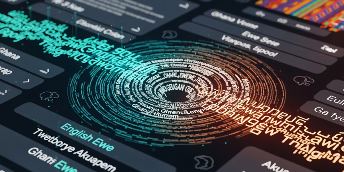 Abstract digital representation of text flowing between English and multiple Ghanaian languages, symbolizing machine translation challenges and potential.