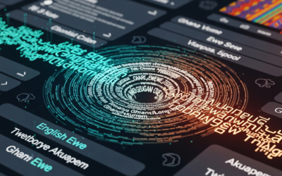Abstract digital representation of text flowing between English and multiple Ghanaian languages, symbolizing machine translation challenges and potential.
