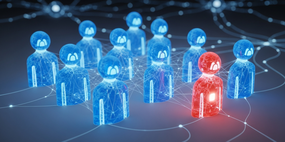 An abstract image showing ten blue AI agent icons debating, while a single red AI agent icon stands apart in self-reflection, set in a futuristic digital environment.
