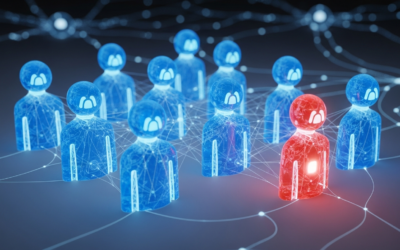 An abstract image showing ten blue AI agent icons debating, while a single red AI agent icon stands apart in self-reflection, set in a futuristic digital environment.