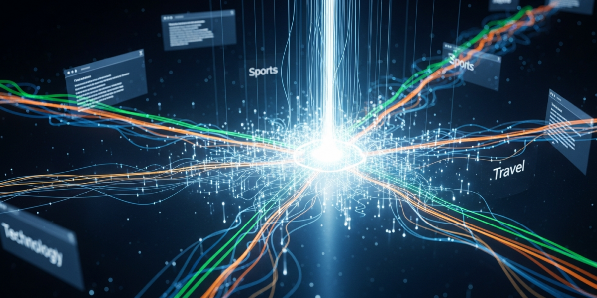 An abstract, high-tech visual of a glowing neural network, representing an LLM, refining semantic definitions for web content categories, with luminous data flows and web page elements.