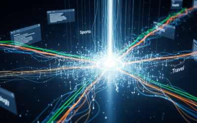 An abstract, high-tech visual of a glowing neural network, representing an LLM, refining semantic definitions for web content categories, with luminous data flows and web page elements.