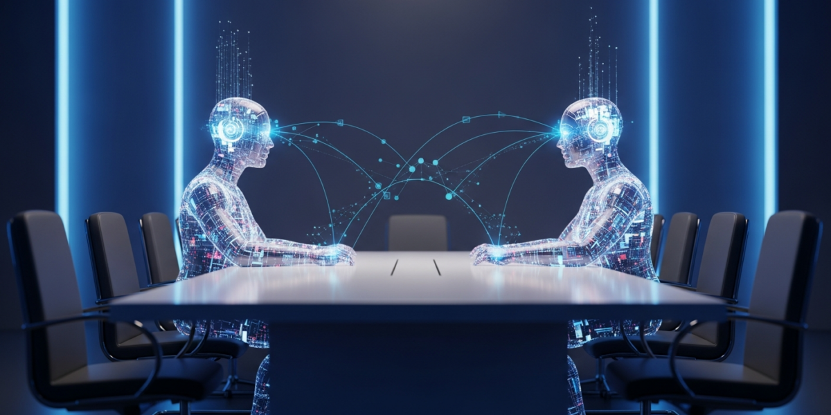 An abstract, stylized image of two glowing AI agent figures negotiating across a holographic table in a futuristic digital conference room, illustrating the solver-sampler mismatch in LLM behavioral simulation.