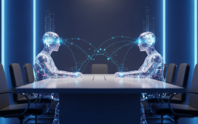 An abstract, stylized image of two glowing AI agent figures negotiating across a holographic table in a futuristic digital conference room, illustrating the solver-sampler mismatch in LLM behavioral simulation.