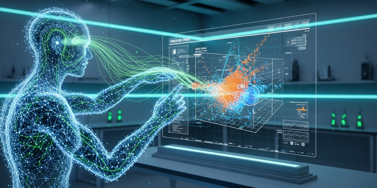 A futuristic AI agent, depicted as glowing neural lines, building a predator-prey simulation model on a holographic screen in a minimalist lab.