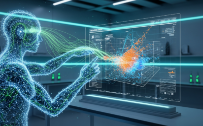 A futuristic AI agent, depicted as glowing neural lines, building a predator-prey simulation model on a holographic screen in a minimalist lab.