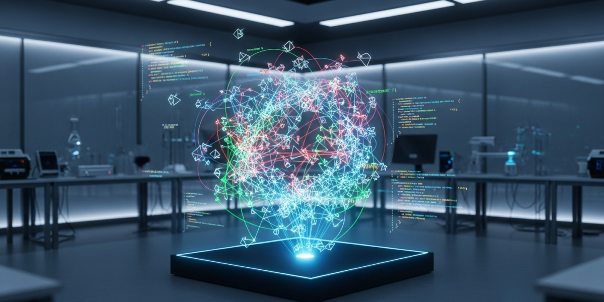 A holographic display in a futuristic research lab showing an agent-based simulation with overlaid LLM code snippets, representing the study's focus on AI-generated models.