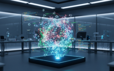 A holographic display in a futuristic research lab showing an agent-based simulation with overlaid LLM code snippets, representing the study's focus on AI-generated models.