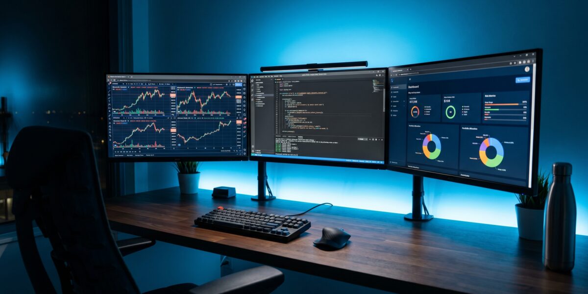 Professional crypto trading setup with multiple monitors showing trading algorithms and risk management dashboards