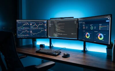 Professional crypto trading setup with multiple monitors showing trading algorithms and risk management dashboards