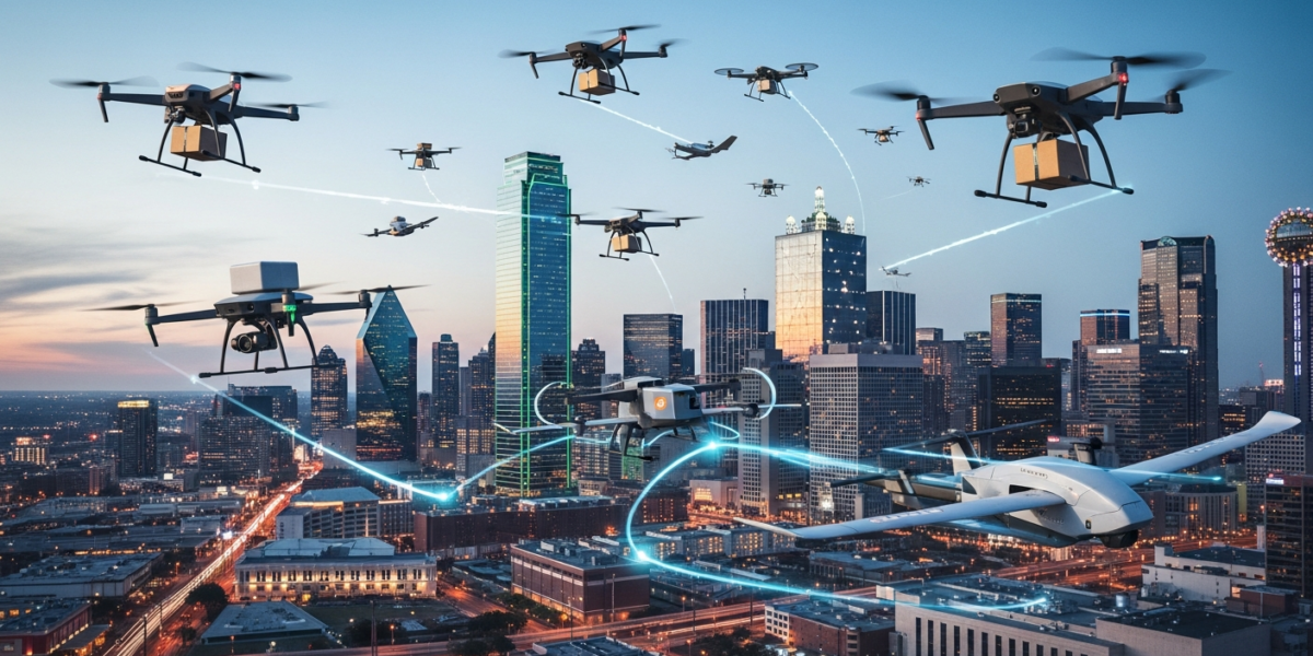 Multiple small unmanned aerial systems (sUASs) flying through the dense urban airspace of Dallas, Texas, at dusk, illustrating drone deconfliction.