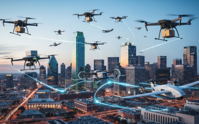 Multiple small unmanned aerial systems (sUASs) flying through the dense urban airspace of Dallas, Texas, at dusk, illustrating drone deconfliction.