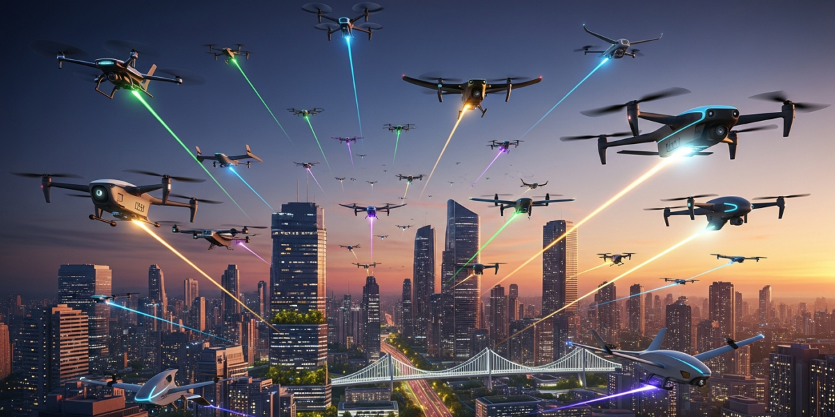 Multiple small unmanned aerial systems (sUAS) flying safely and efficiently over a dense urban landscape, guided by advanced AI for deconfliction.