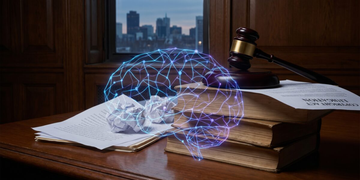 AI neural network overlay on legal books and documents with judge's gavel, representing AI copyright litigation