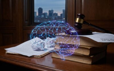 AI neural network overlay on legal books and documents with judge's gavel, representing AI copyright litigation