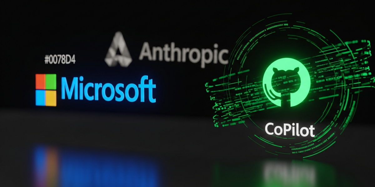 A visual representation of Microsoft's strategic shift, showing the Microsoft logo with the Anthropic logo fading and the GitHub Copilot logo becoming prominent, surrounded by code.