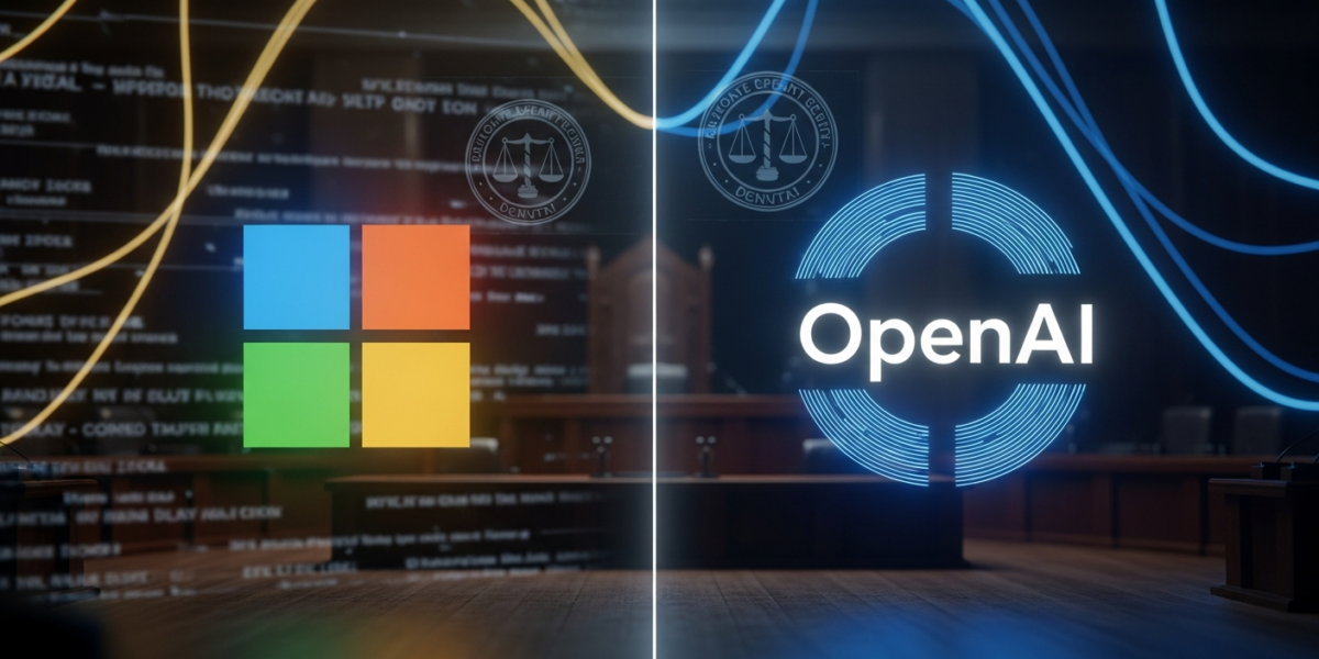 A split image depicting the Microsoft and OpenAI logos, with blurred legal documents in the background, symbolizing the Musk v. Altman trial's revelations about their early relationship.