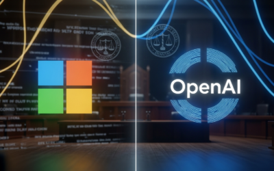 A split image depicting the Microsoft and OpenAI logos, with blurred legal documents in the background, symbolizing the Musk v. Altman trial's revelations about their early relationship.