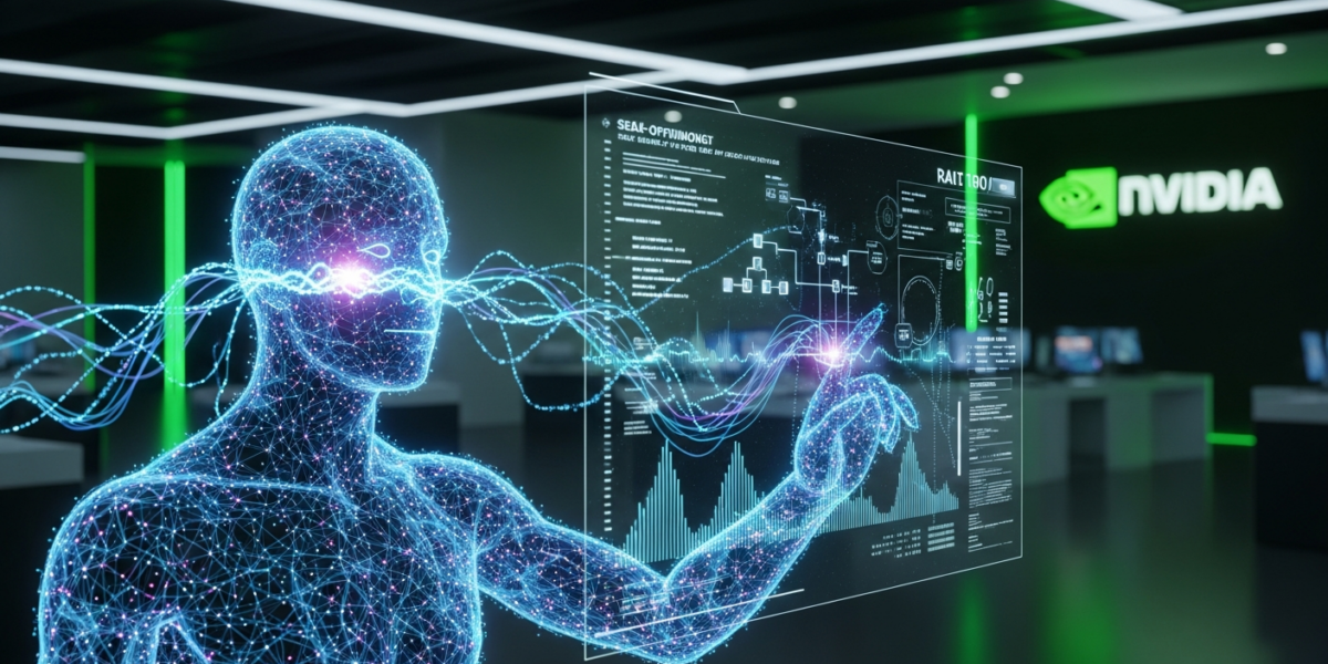A futuristic AI agent, represented by glowing neural network lines, optimizing code on a holographic interface in a minimalist research lab, with subtle NVIDIA branding.