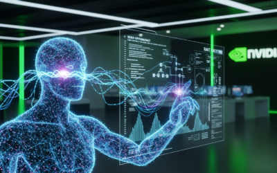 A futuristic AI agent, represented by glowing neural network lines, optimizing code on a holographic interface in a minimalist research lab, with subtle NVIDIA branding.