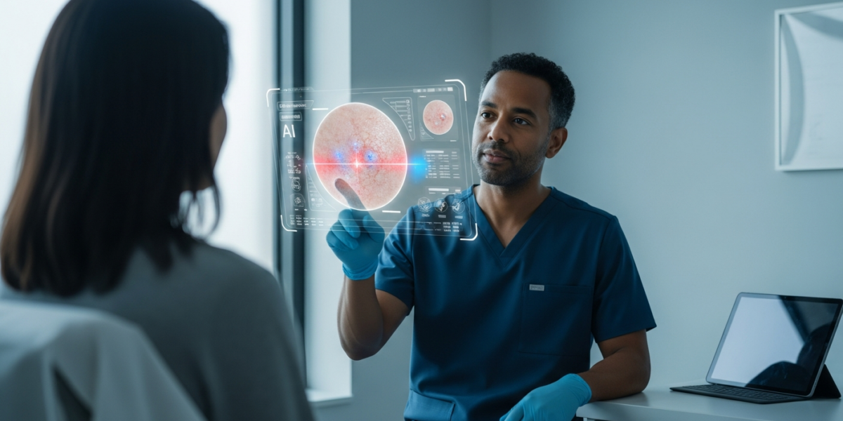 A dermatologist consulting a patient, with a holographic AI interface showing a skin image, representing the evaluation of multimodal LLMs in dermatology.