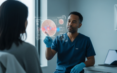 A dermatologist consulting a patient, with a holographic AI interface showing a skin image, representing the evaluation of multimodal LLMs in dermatology.