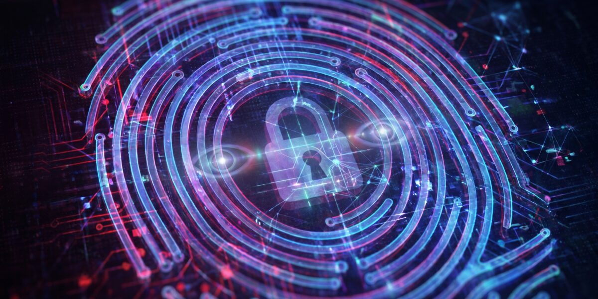 Abstract digital network and fingerprint imagery representing VPN exit IP identification risks.