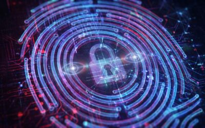 Abstract digital network and fingerprint imagery representing VPN exit IP identification risks.